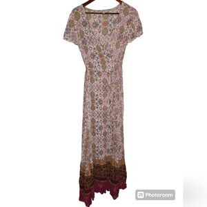 Patrons of Peace Boho Cream Floral Print True Wrap Maxi Dress Short Sleeve - M